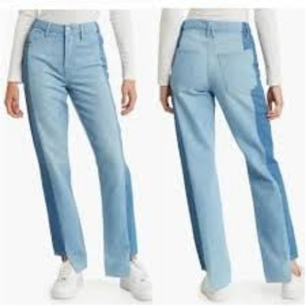 NWT GOOD AMERICAN Good Boy Jean Vintage High Waist Step Hem 2-tone Blue 6\28